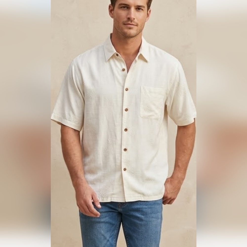 Caribbean Men’s Ivory Jacquard Palm Leaf Silk Blend Camp Shirt Size XL